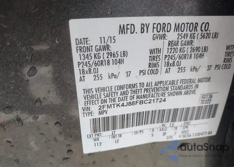 2015 Ford Edge Sel from USA, damaged, VIN 2FMTK4J88FBC21724